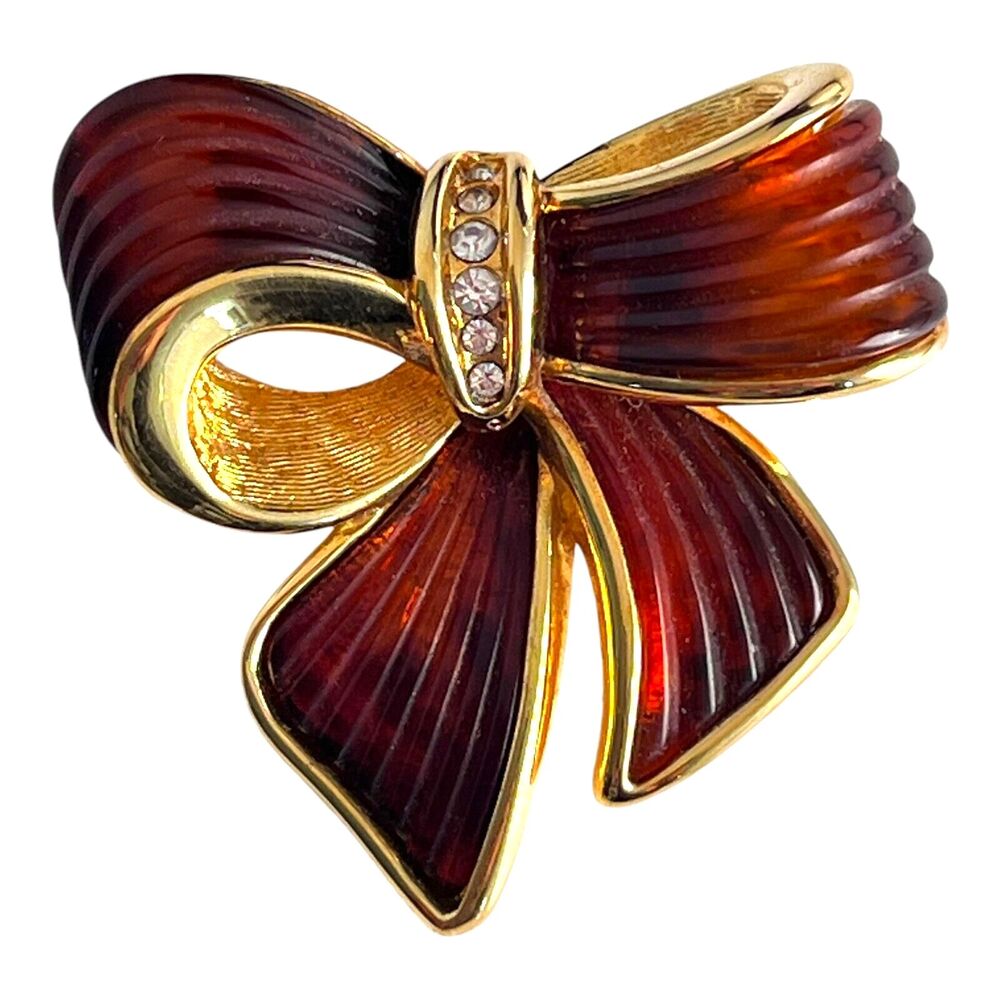 Vintage 1990s Joan Rivers Ribbon Bow Brooch Gold Tone Enamel Crystal - 8L